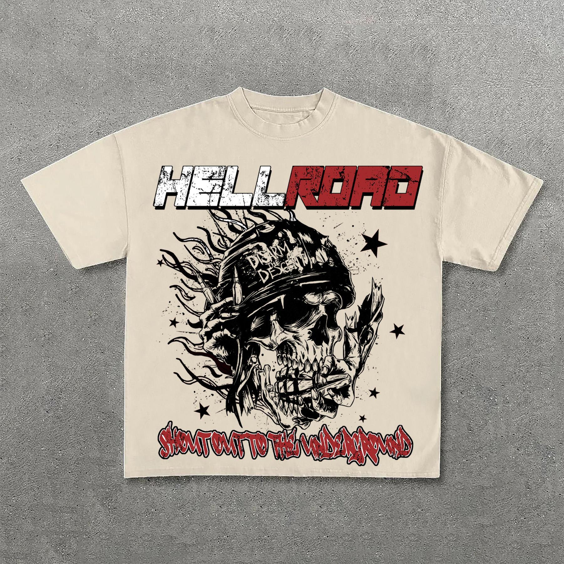 Casual Hell Road Retro Star Flame Skull Print Cotton T-Shirt Product Image