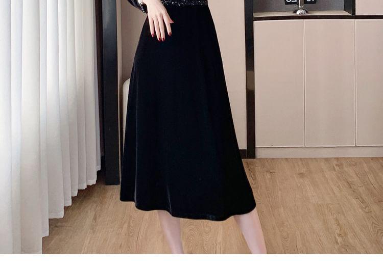 Long-Sleeve Crewneck Velvet Midi A-Line Dress Product Image