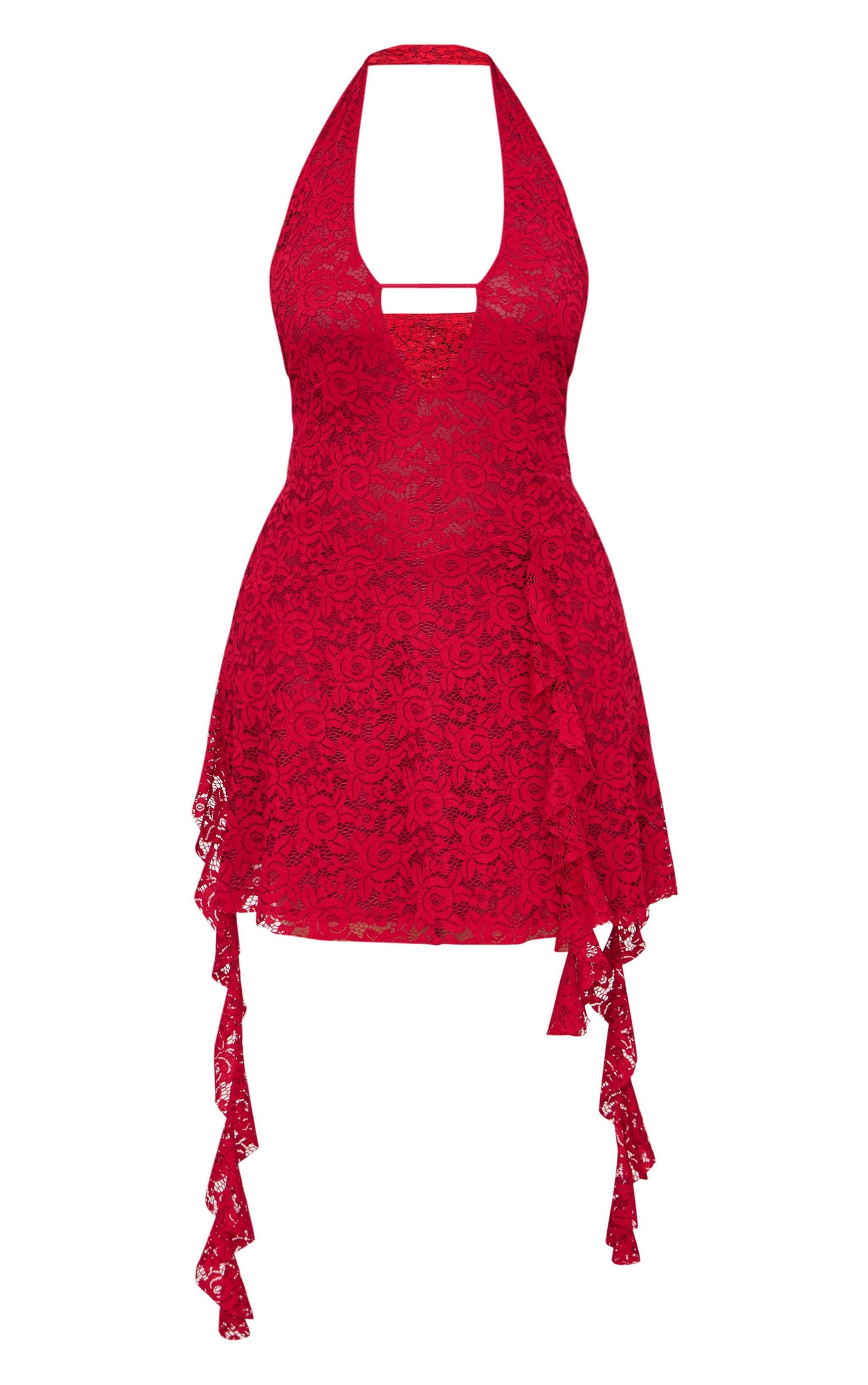 Plus Wine Halterneck Lace Drape Detail Mini Dress Product Image