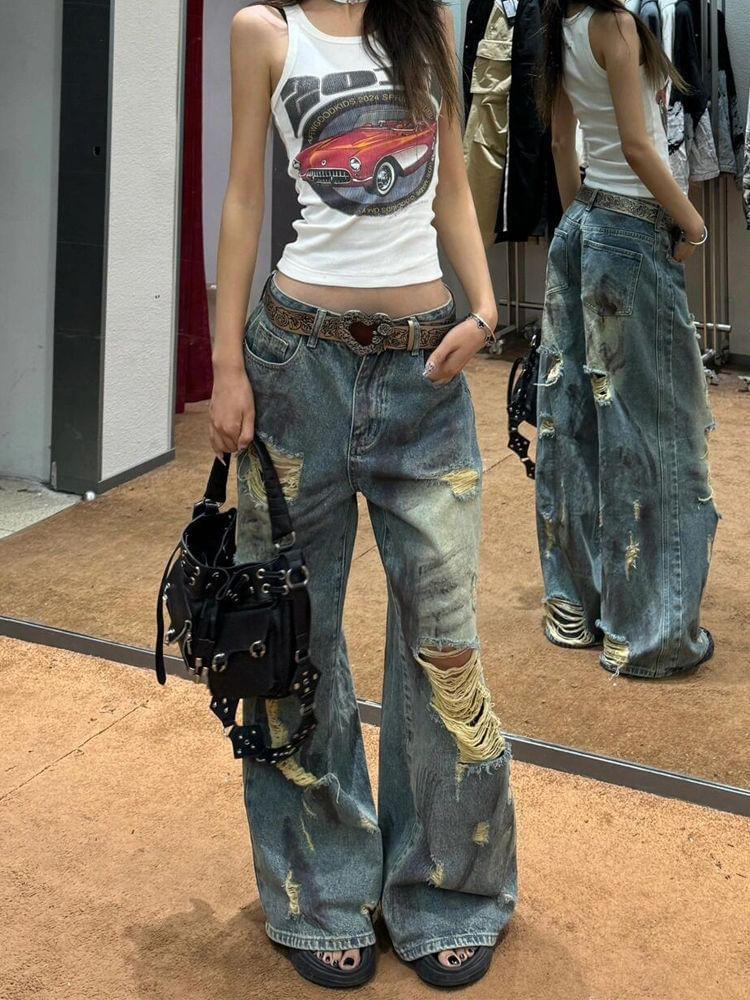 Low Rise Distressed Washed Wide Leg Jeans Product Image