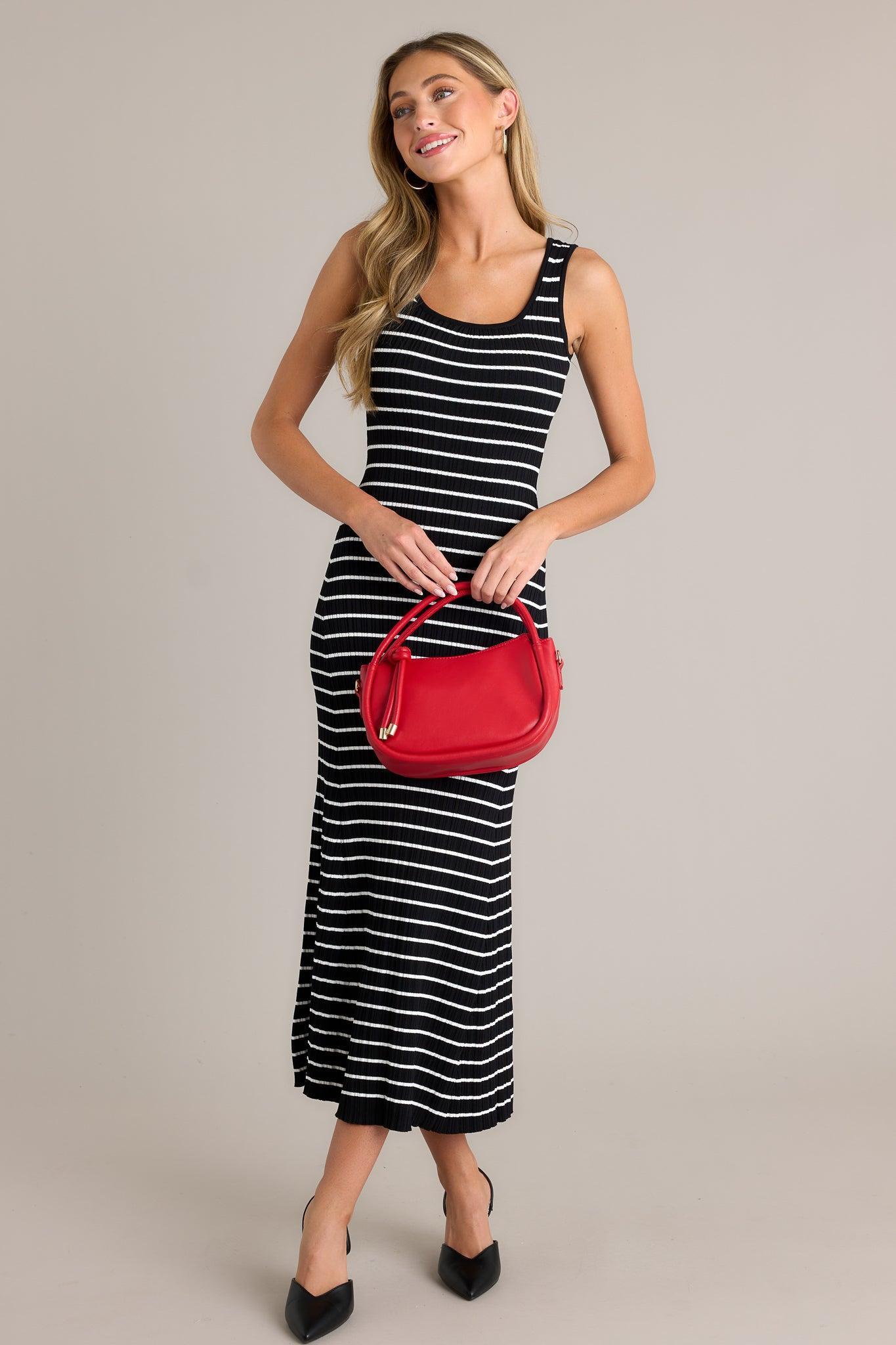 Classic Rhythm Black Stripe Ribbed Midi Dress Product Image