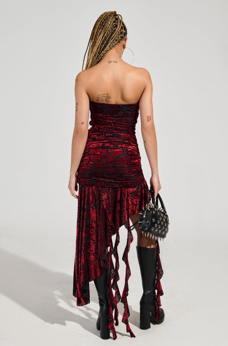 BELLA RUCHED RED VELVET BURNOUT MIDI DRESS Product Image