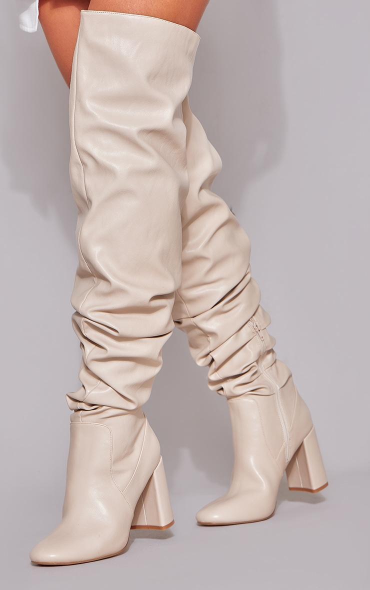 Cream Matte Pu Round Toe Ruched Over The Knee Block Heeled Boots product image