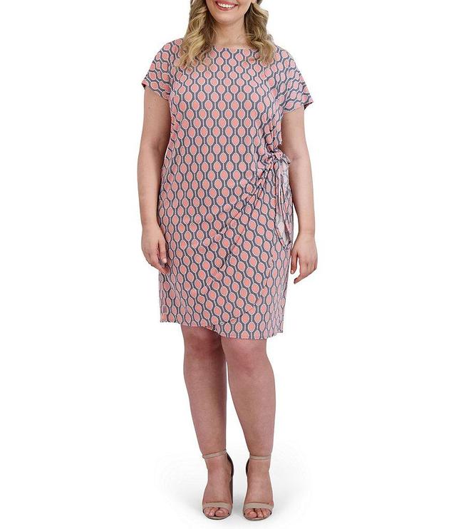 Robbie Bee Plus Size Geo Print Knit Short Sleeve Round Neck Side Tie Sheath Dress Product Image