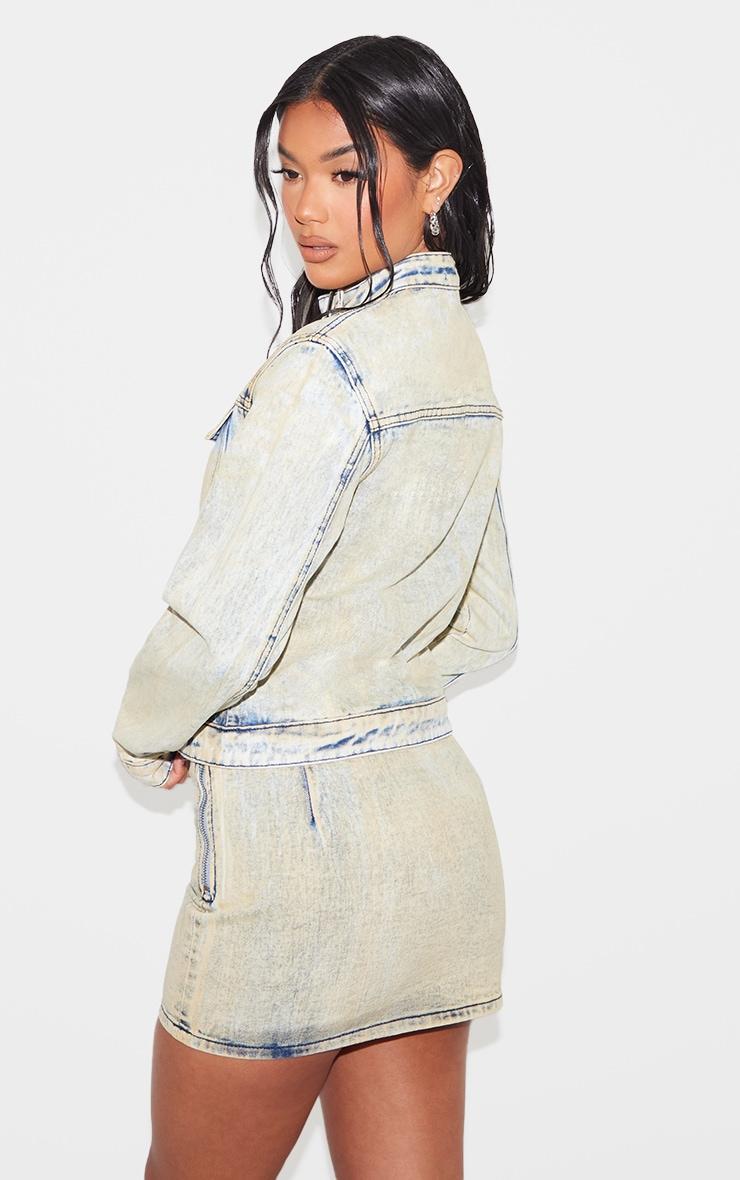 Light Blue Acid Wash Seam Detail Buckle Neck Racer Denim Jacket Product Image