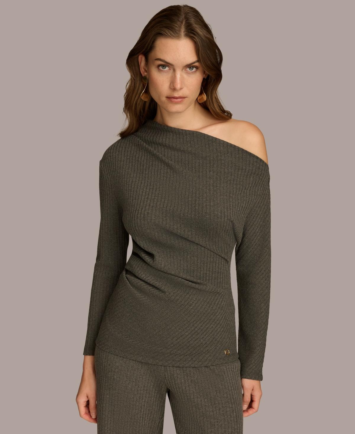 Donna Karan New York Womens Rib Knit Asymmetric Neck Top Product Image