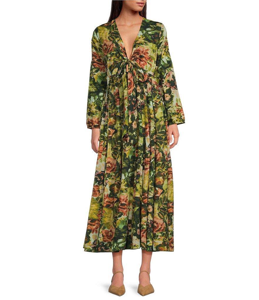 Ro's Garden Angela Woven Floral Print V-Neck Bow Tie Long Sleeve Flounce A-Line Maxi Dress Product Image