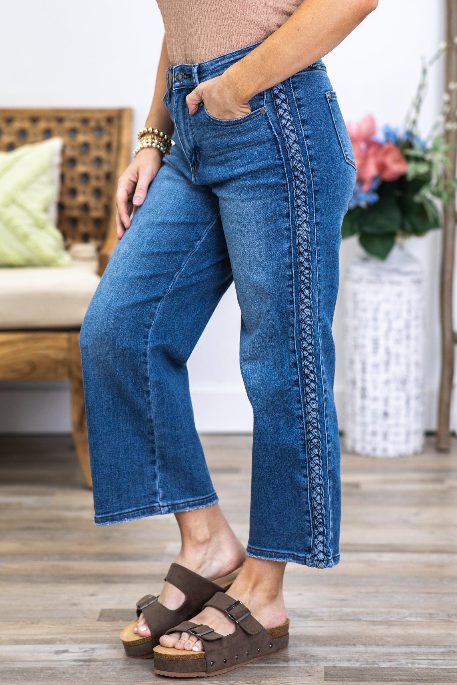 Judy Blue Braid Detail Crop Wide Leg Jeans Product Image