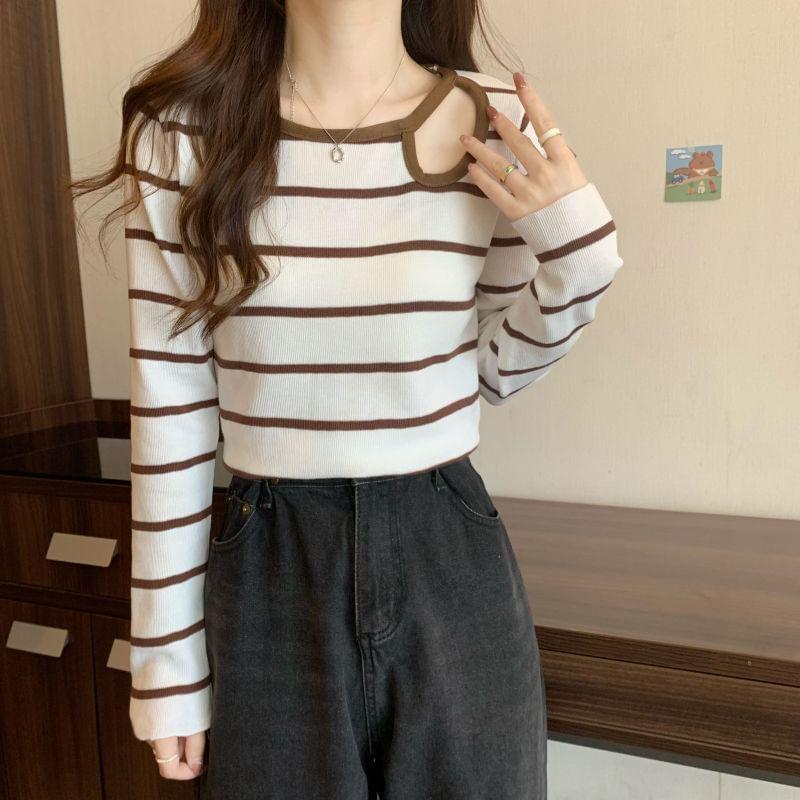 Long-Sleeve Round Neck Striped Knit T-Shirt Product Image