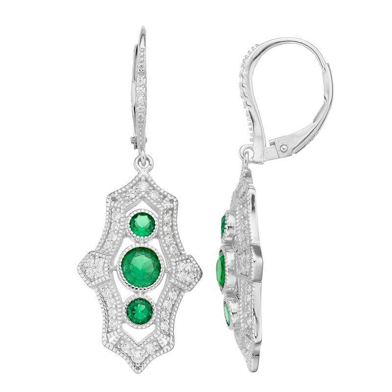 Sterling Silver Green & Clear Cubic Zirconia Drop Earrings, Womens, White Product Image