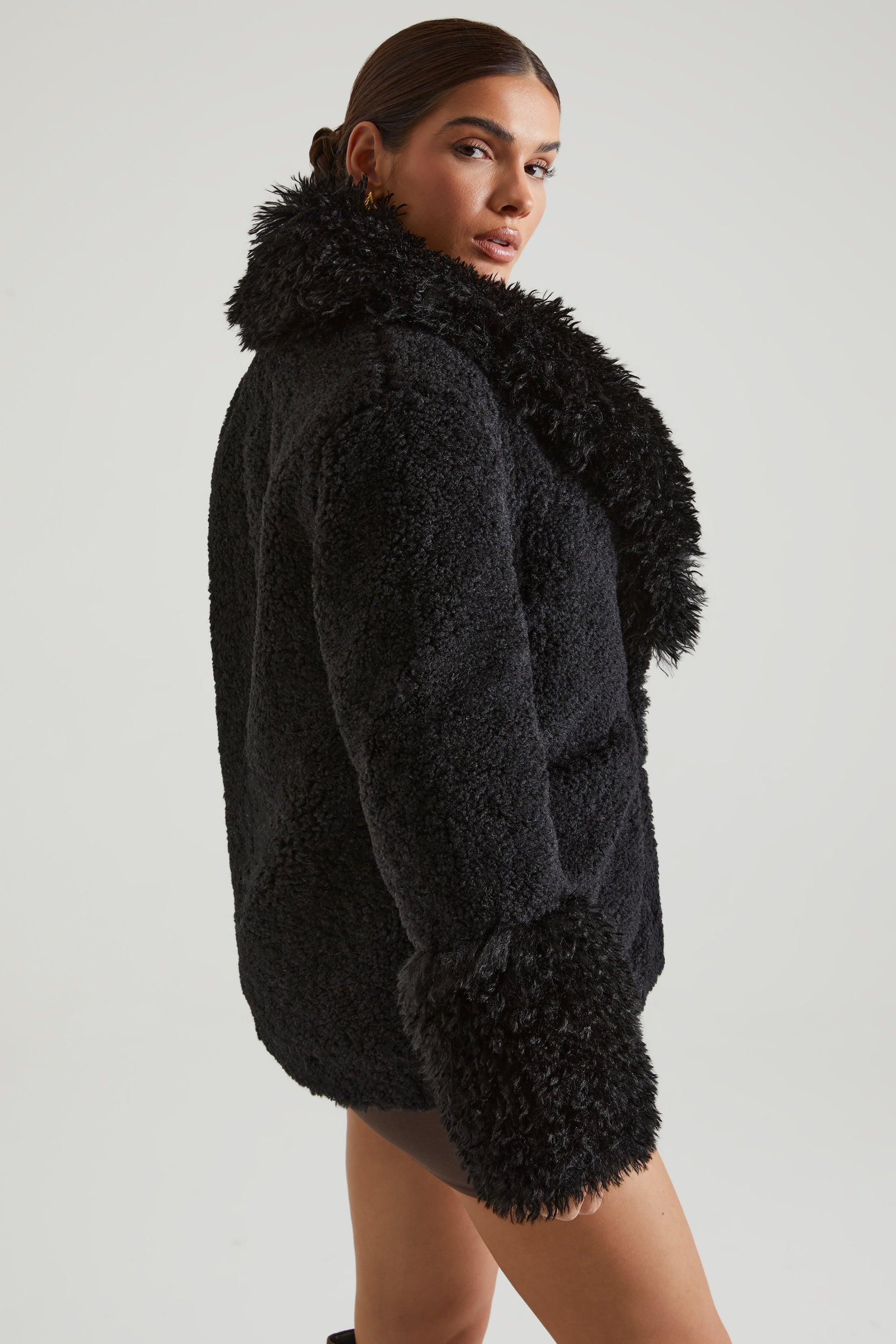 Shearling Coat with Large Front Pockets in Black Product Image