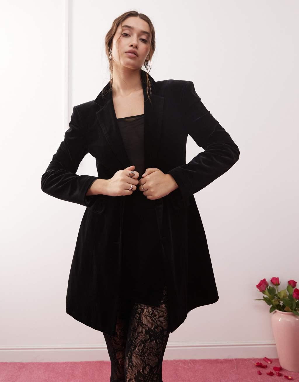 Miss Selfridge velvet going out fitted blazer dress in black Product Image