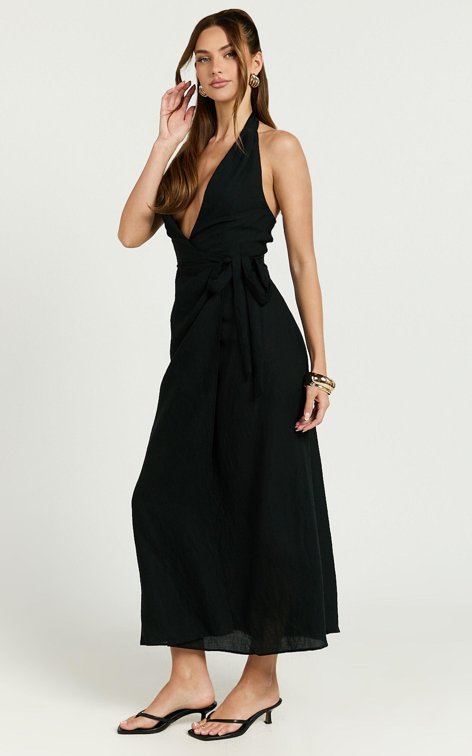 Robbie Midi Dress - Plunge Halter Midi Wrap Dress in Black Product Image