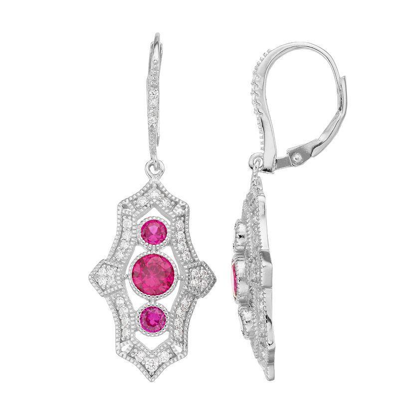 Sterling Silver Fuchsia & Clear Cubic Zirconia Drop Earrings, Womens Product Image