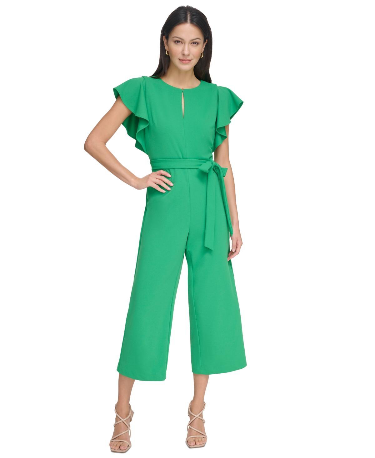 DKNY Stretch Crepe Crew Keyhole Neckline Flutter Cap Sleeve Cropped Leg Jumpsuit Product Image