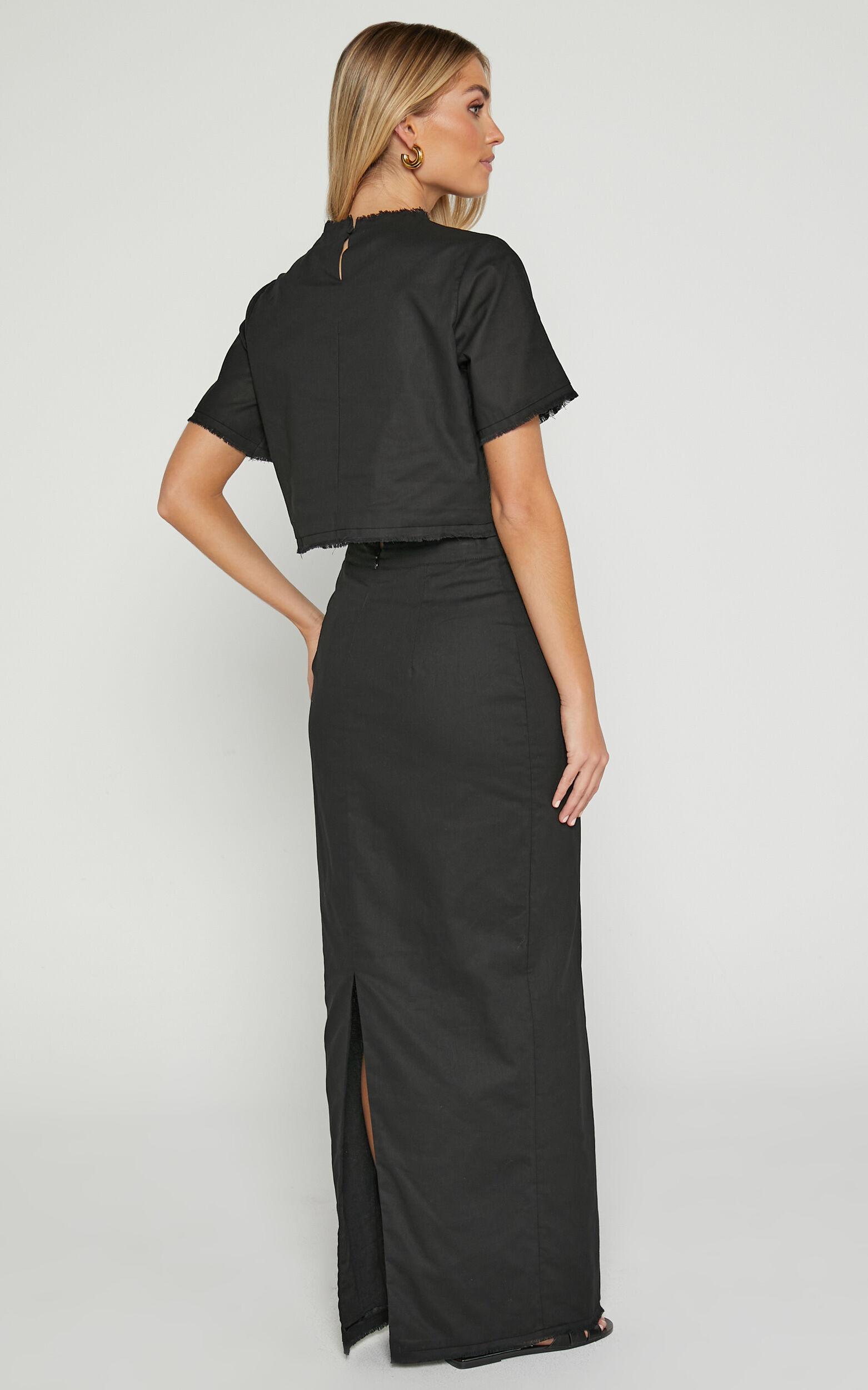 Tisdale Two Piece Set - Linen Look Scoop Neck Short Sleeve Cropped Top and Maxi Skirt in Black Product Image