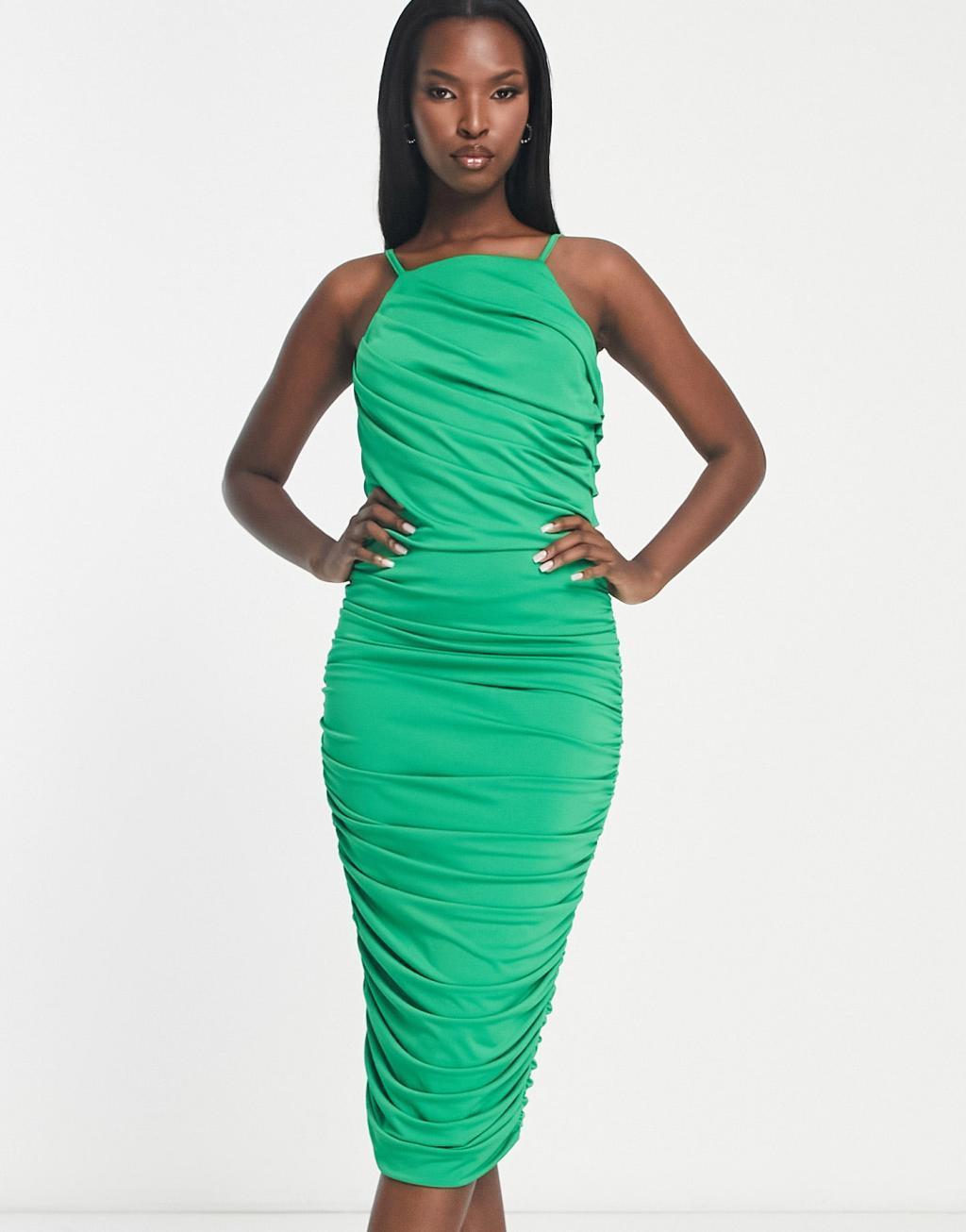 AX Paris ruched cami square neck midi dress in green Product Image