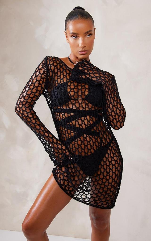 Black Long Sleeve Crochet Floaty Mini Dress Product Image