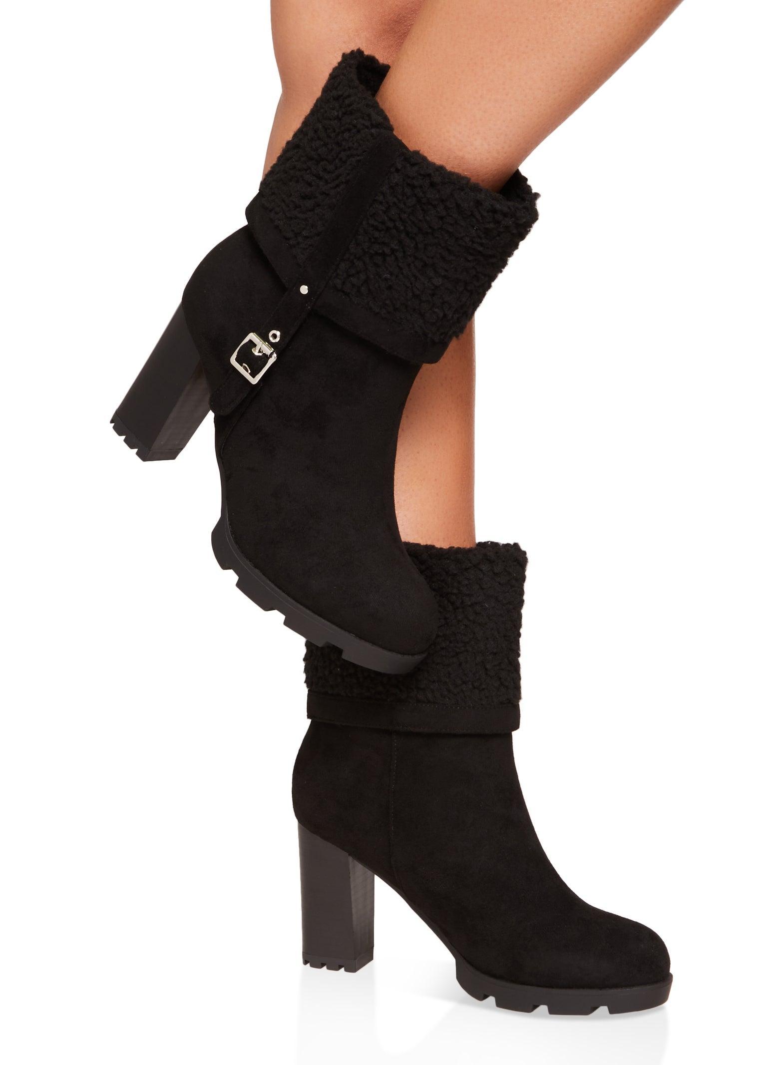 Womens Faux Suede Sherpa Lined Buckle Fold Over Boots Product Image