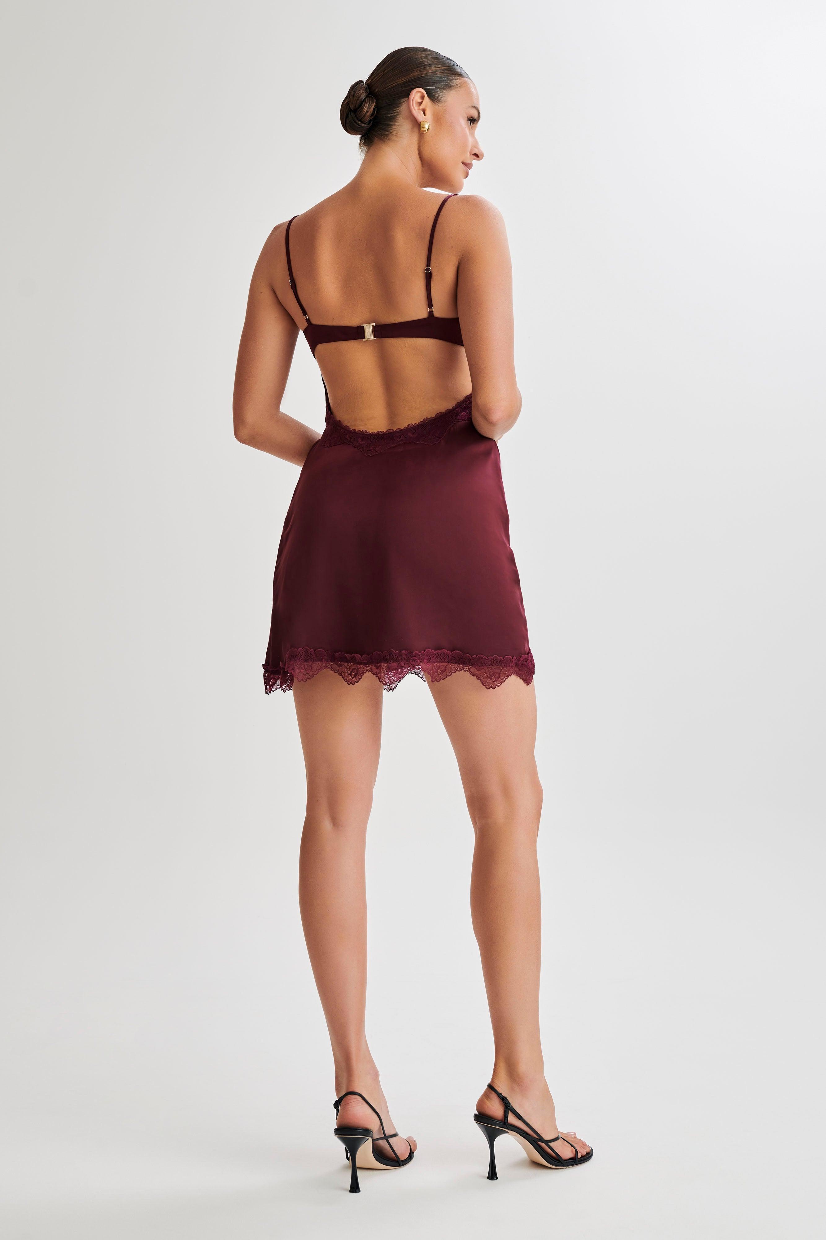 Alondra Satin Mini Dress With Lace - Plum Product Image