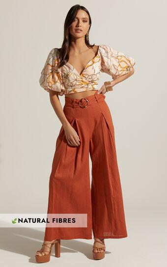 Amalie The Label - Reine Linen Blend High Waisted Wide Leg Pleat Pants in Burnt Sienna Product Image