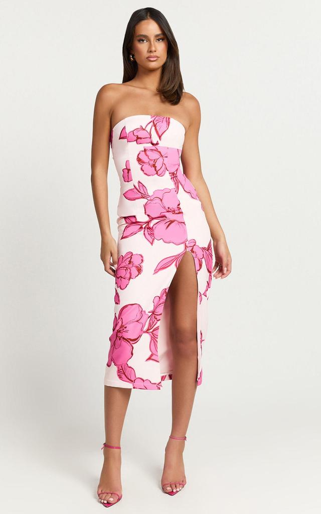 Shantelle Midi Dress - Strapless Bodycon Back Split Dress in Bouquet Di Fiori Print Product Image