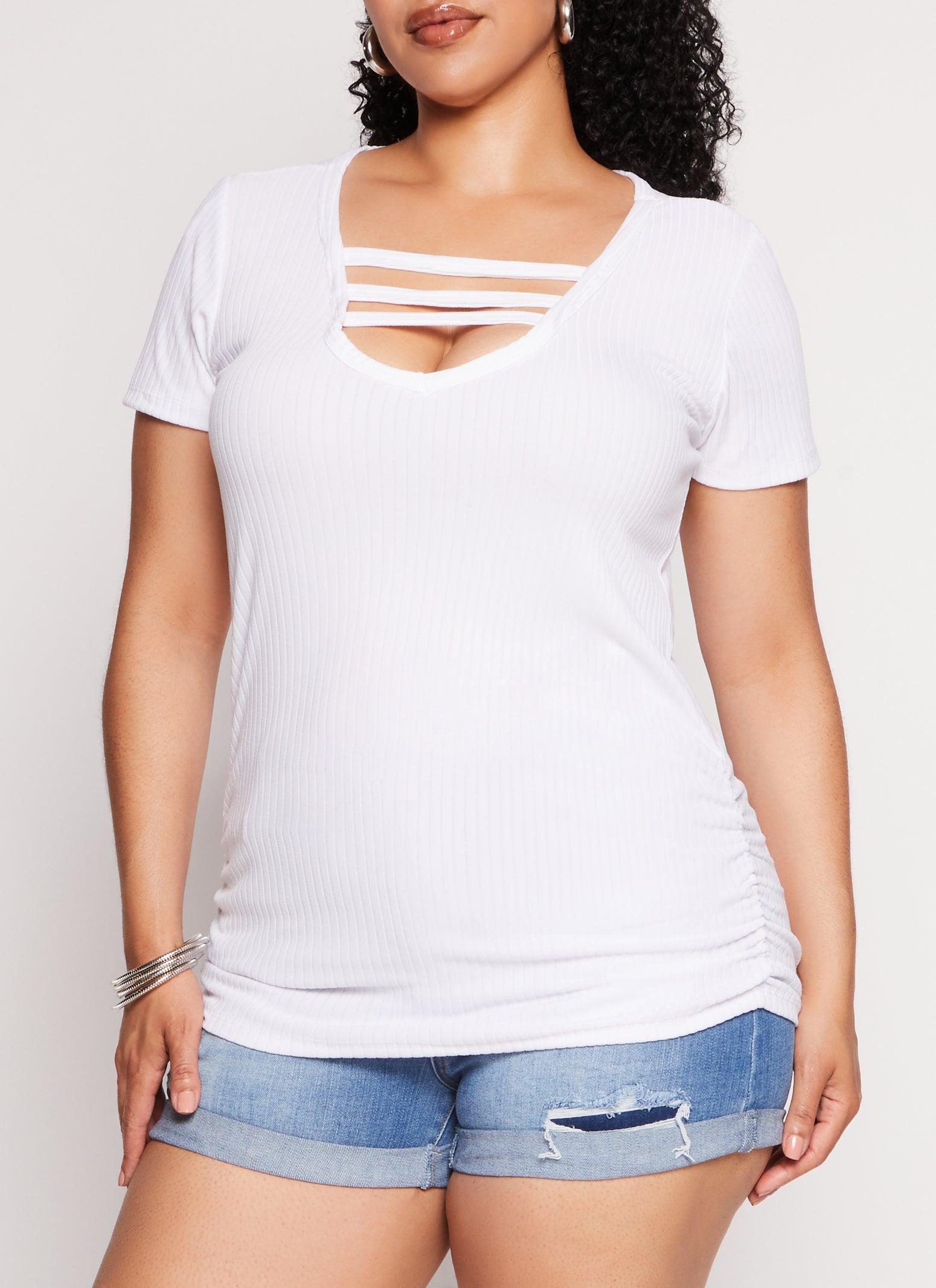 Womens Plus Size Ribbed Caged V Neck Tee Product Image