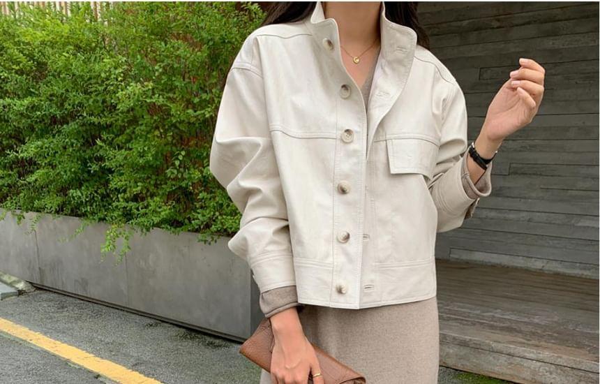 Stand Collar Plain Button-Up Faux Leather Jacket Product Image