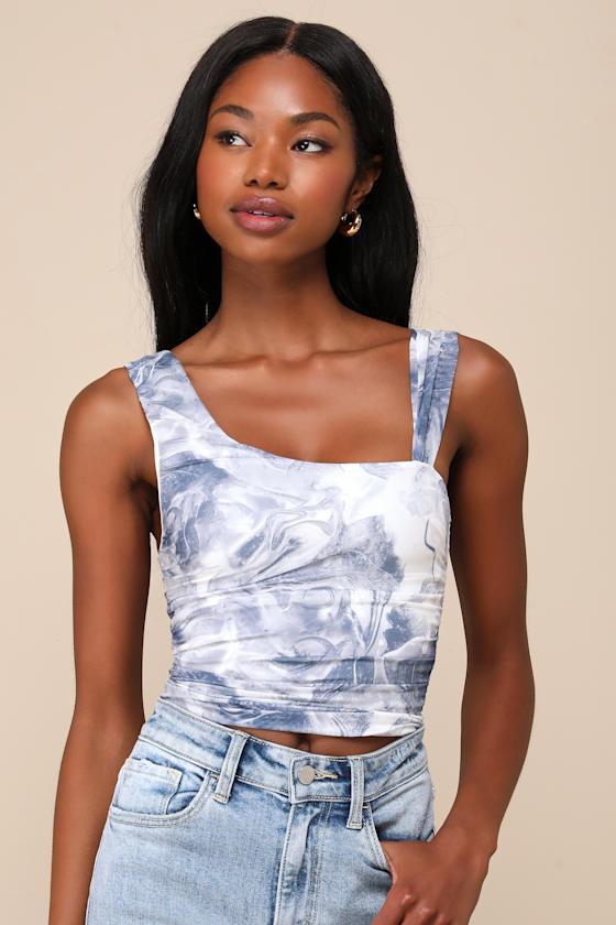 Beautiful Vision Blue and White Abstract Mesh Asymmetrical Top Product Image