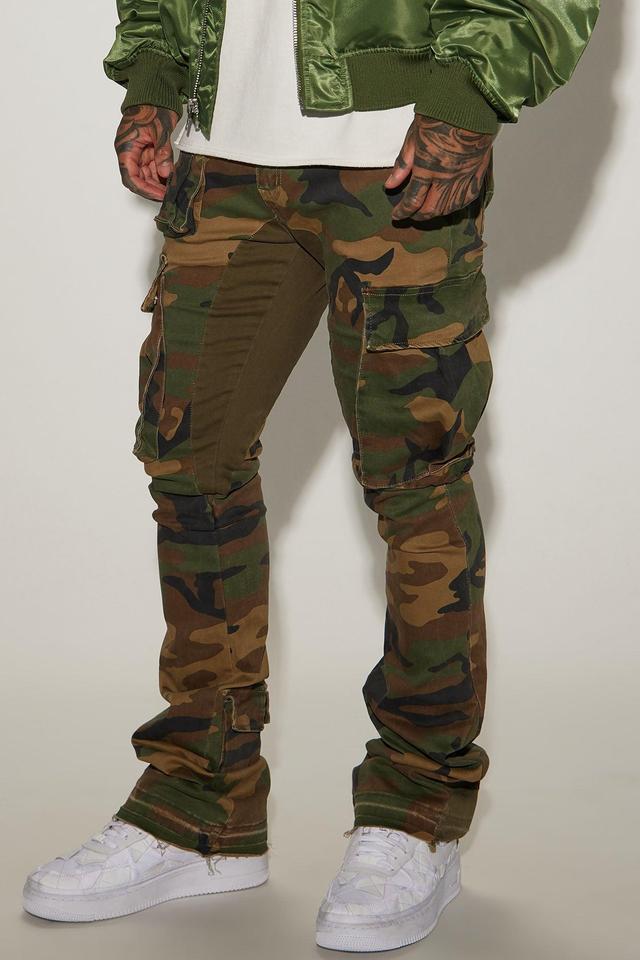 Into The Wild Panel Cargo Stacked Skinny Flare Pants - Camouflage Product Image