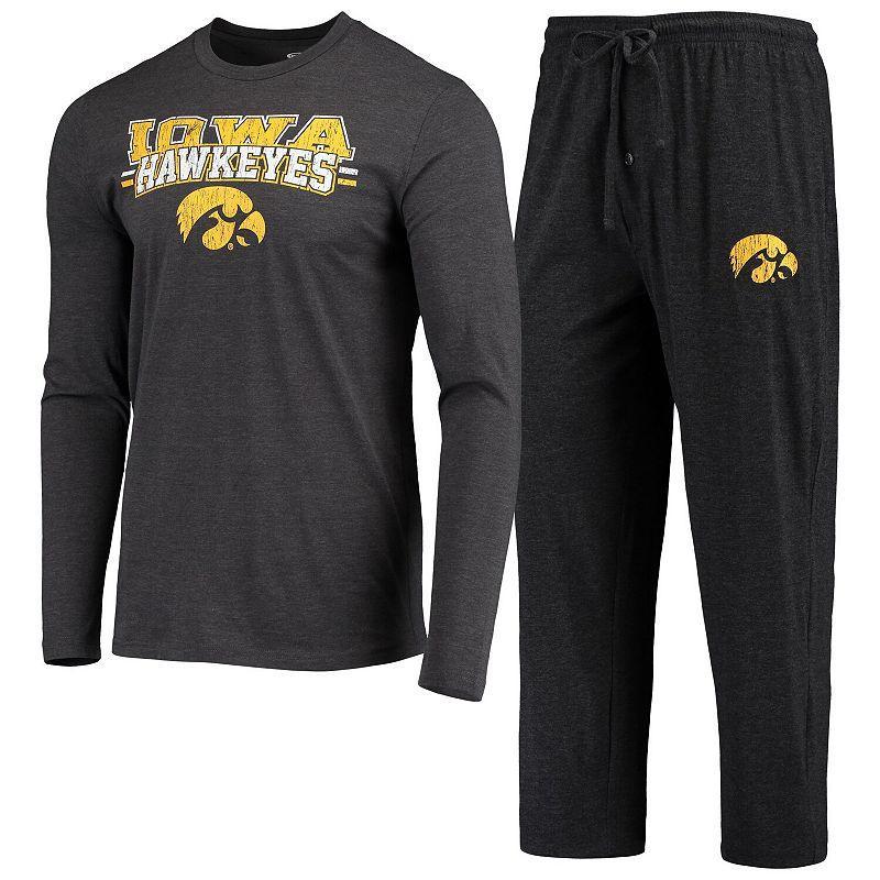 Mens Concepts Sport Black and Heathered Charcoal Iowa Hawkeyes Meter Long Sleeve T-shirt and Pants Sleep Set Product Image