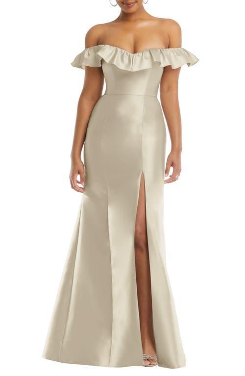 Alfred Sung Off the Shoulder Ruffle Satin Trumpet Gown Product Image