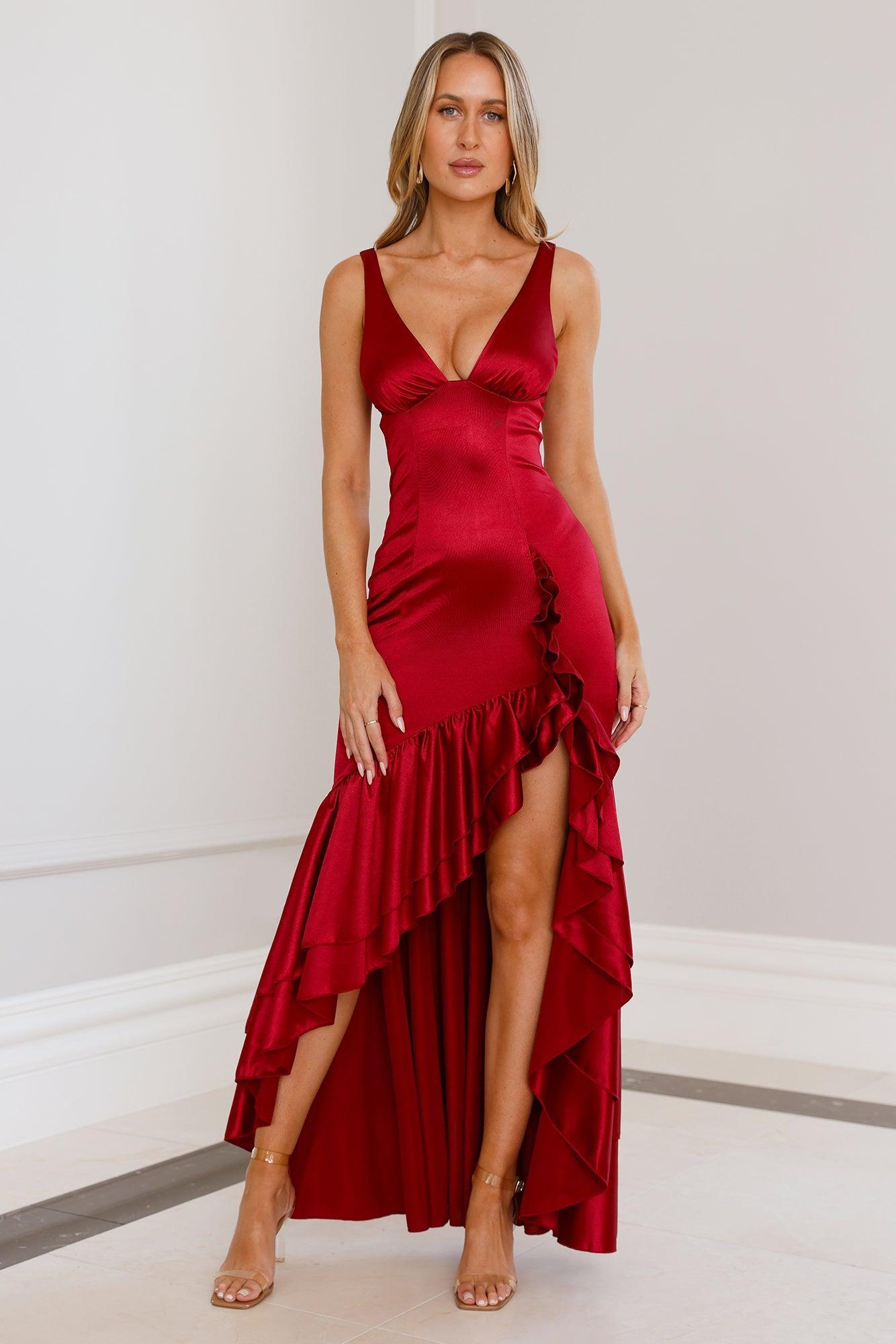 Twilight Luxe Satin Maxi Dress Maroon Product Image