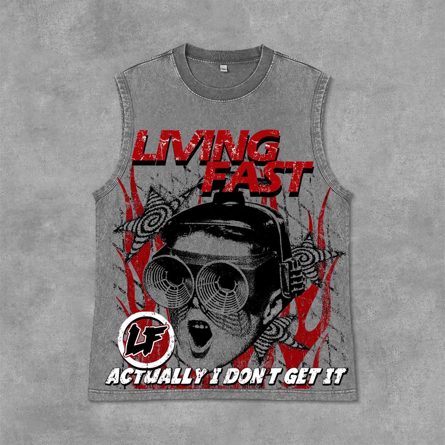 Vintage Portrait Living Fast Graphic Print Acid Washed Sleeveless Tank Top Product Image