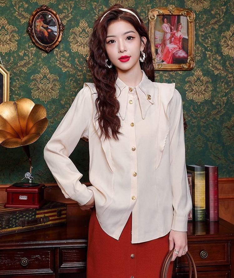 Long-Sleeve Ruffle Plain Shirt Product Image