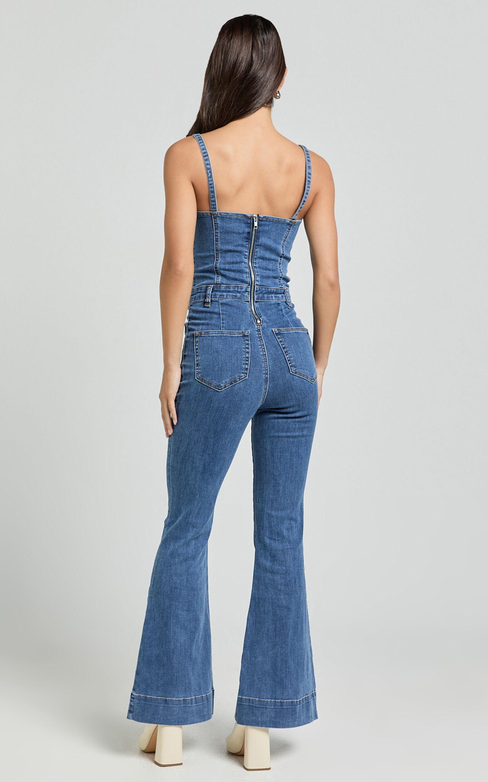 Joey Jumpsuit - Panelled Cami Flared Bottom Denim Jumpsuit in Dark Blue Wash Product Image