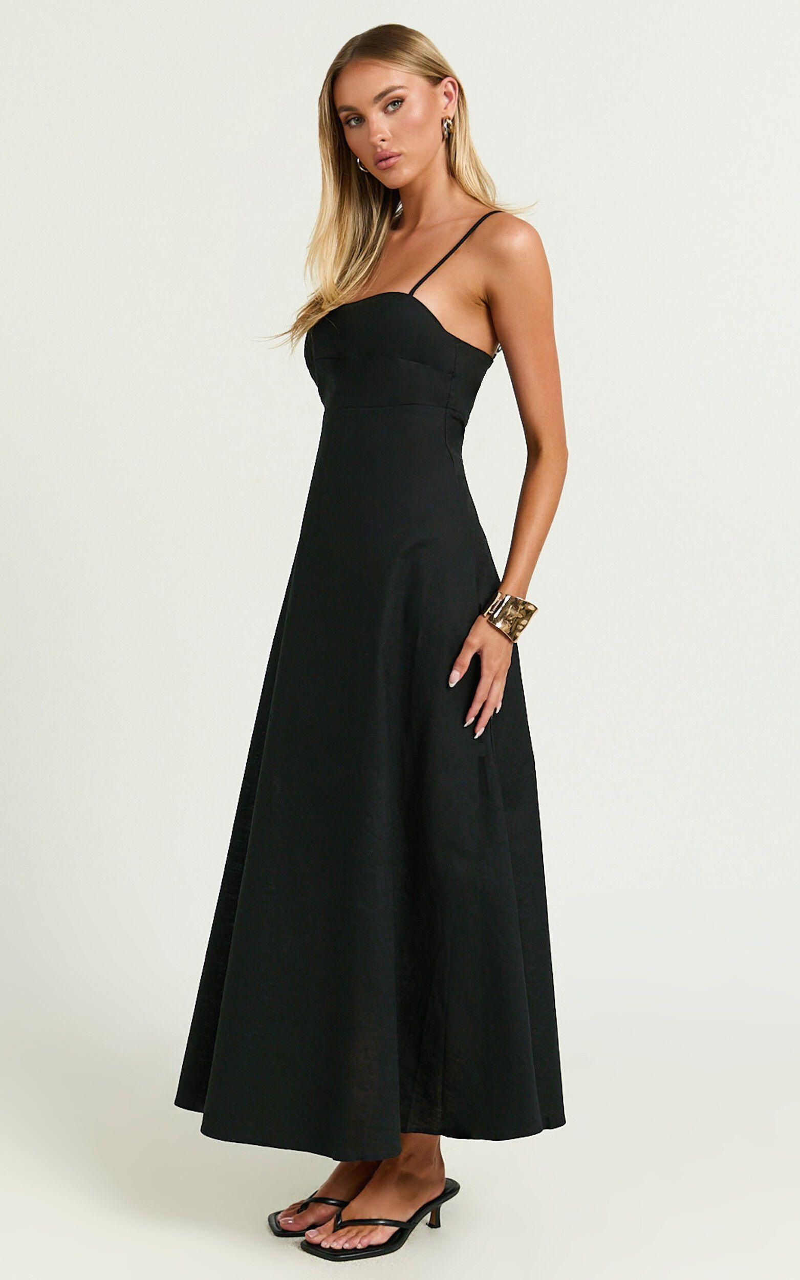 Brette Midi Dress - Linen Look Straight Neck Strappy Fit And Flare Dress in Black Product Image