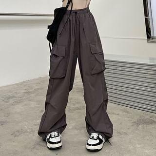 High Waist Pocket Loose-Fit Wide-Leg Cargo Pants Product Image