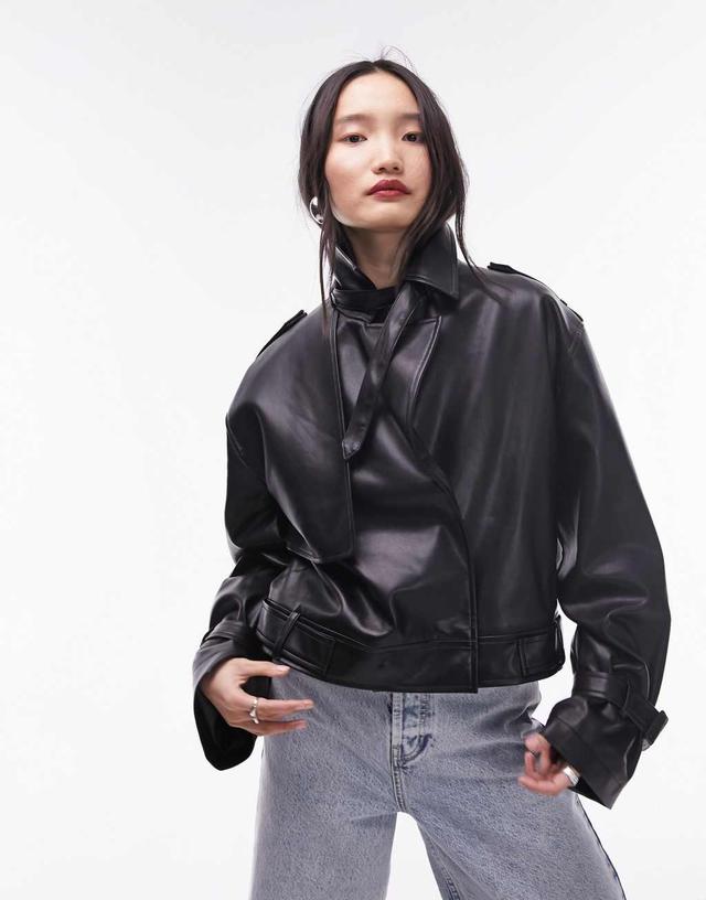 Topshop faux leather cropped trench jacket in black Product Image