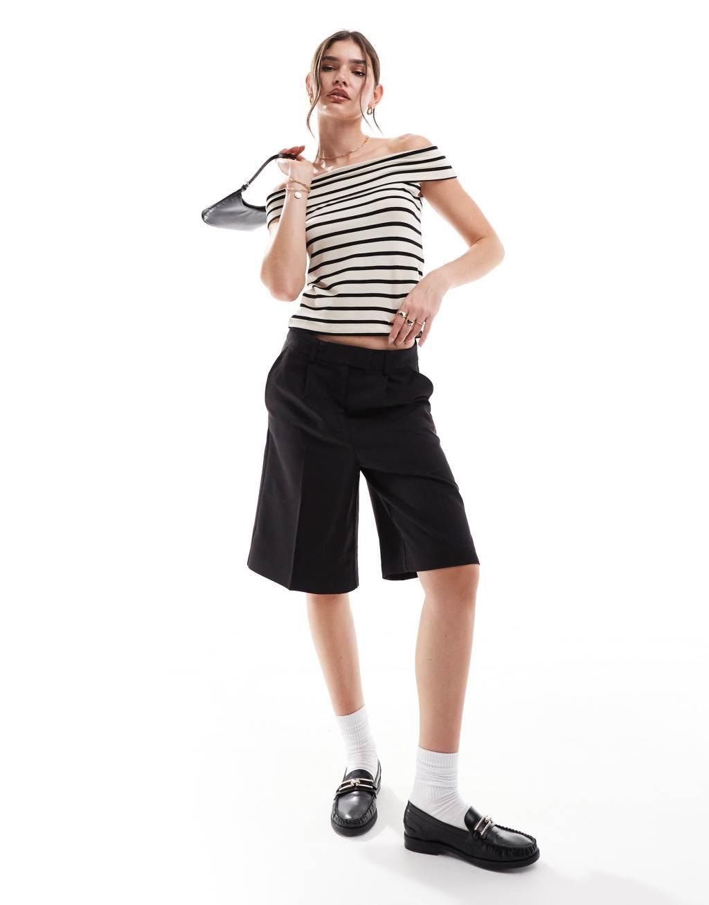 Vero Moda Aware off the shoulder jersey top in black and cream stripe Product Image