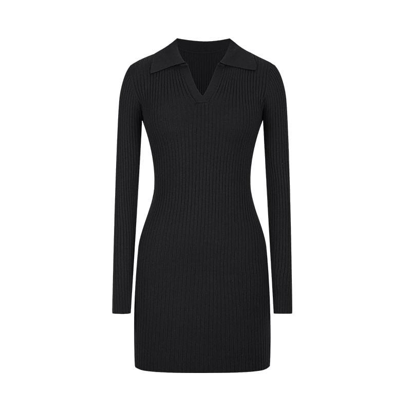 Long Sleeve Open Placket Plain Ribbed Knit Mini Sheath Polo Dress Product Image