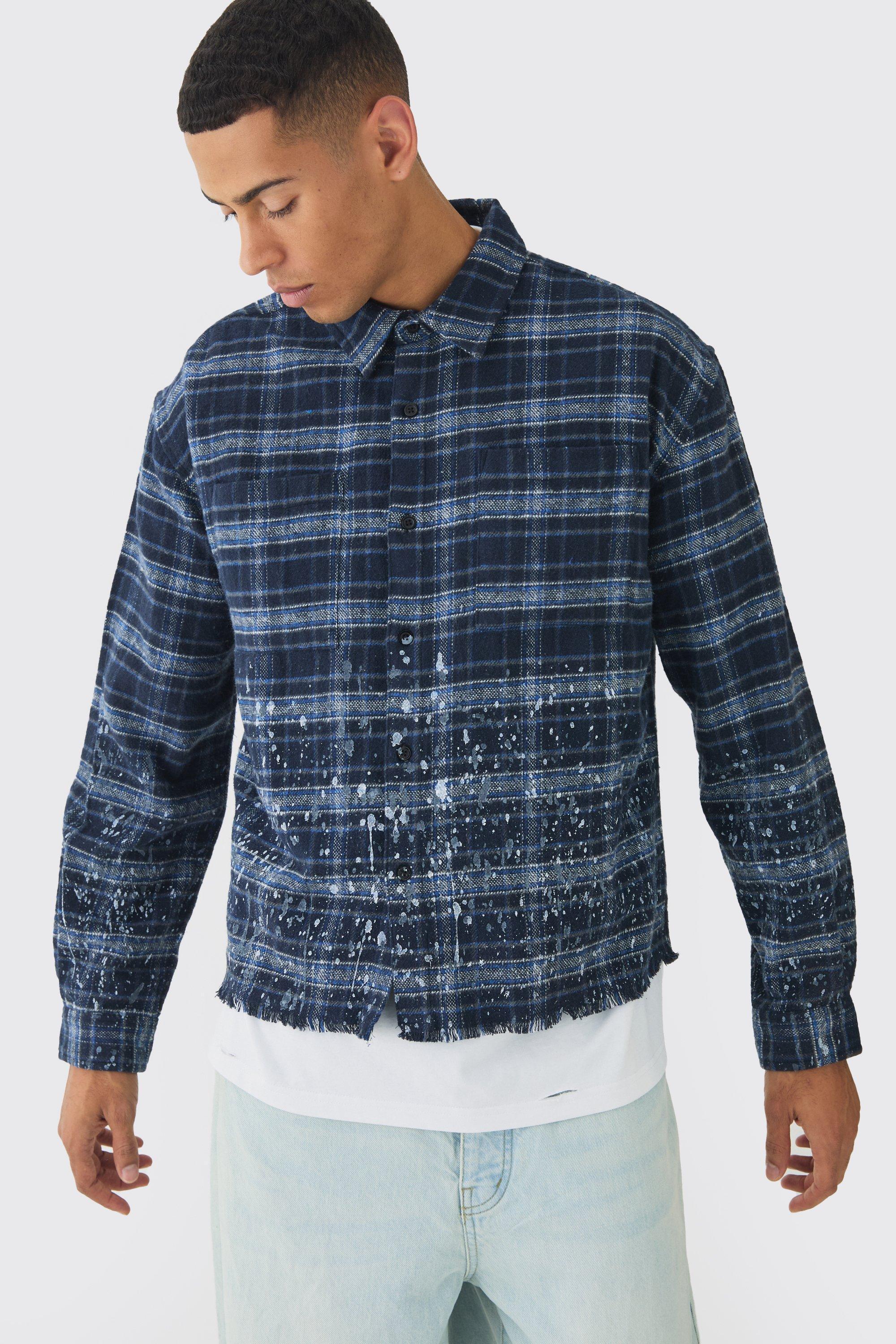 Oversized Boxy Distressed Paint Plaid Shirt | boohooMAN USA Product Image