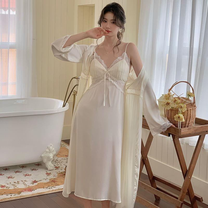 Pajama Set: Plain Lace Trim Robe + Spaghetti Strap Night Dress Product Image