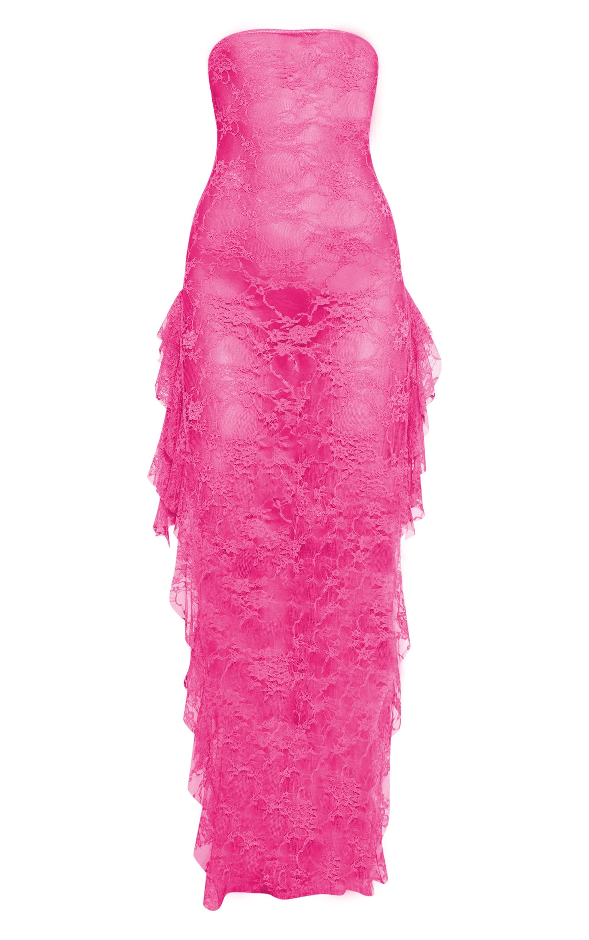 Fuschia Lace Bandeau Split Leg Frill Edge Maxi Dress Product Image