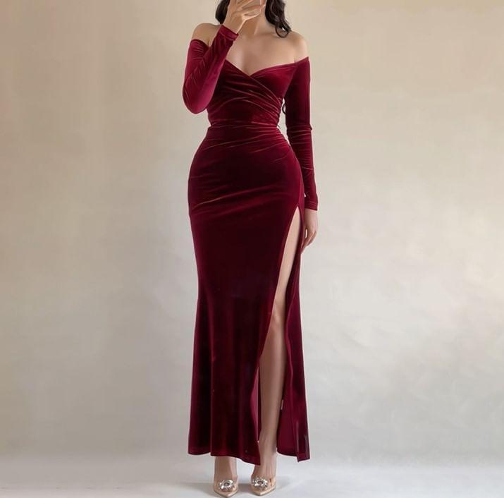 Long Sleeve Off-Shoulder Plain Velvet Slim-Fit Slit Maxi Bodycon Dress Product Image