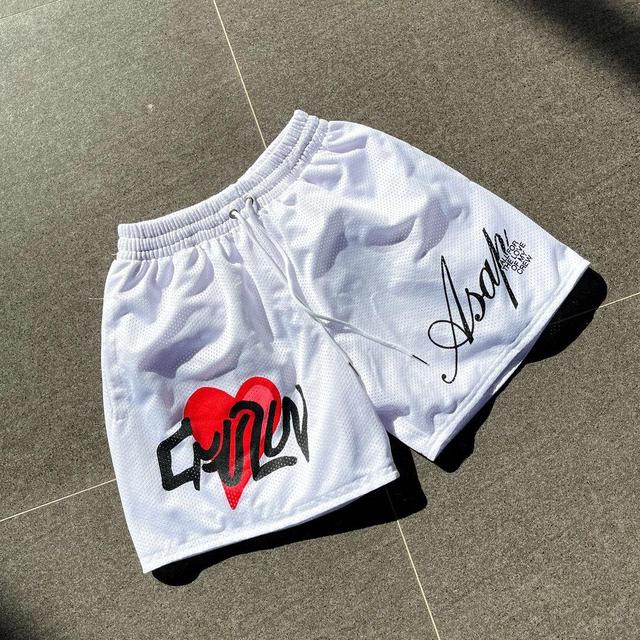 Red Heart Letter Print Casual Mesh Shorts Product Image