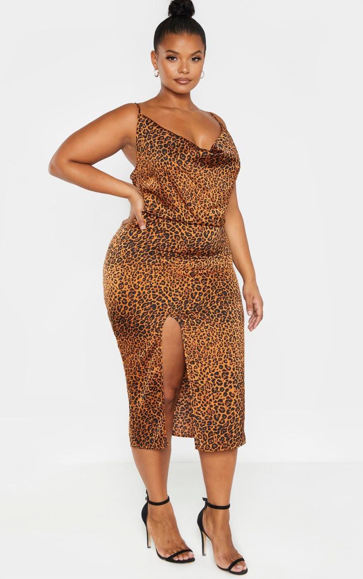 Plus Leopard Print Strappy Satin Cowl Midi Dress Product Image