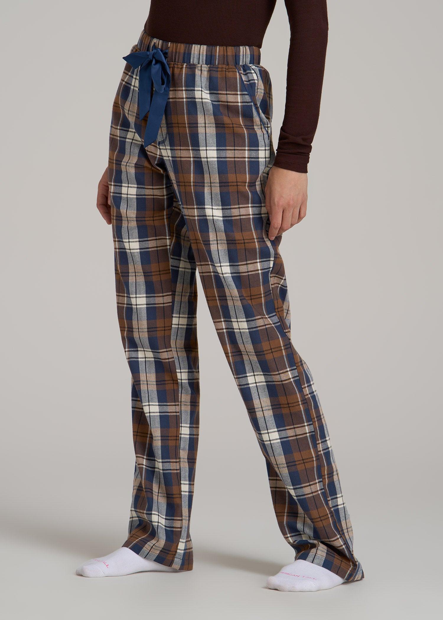 Open-Bottom Flannel Women's Tall Pajama Pants in Brown Blue Plaid Product Image