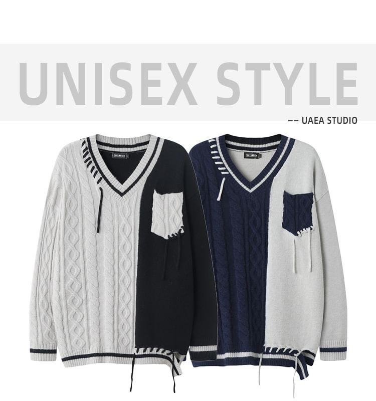 Couple Matching V-Neck Two Tone Cable Knit Sweater Product Image