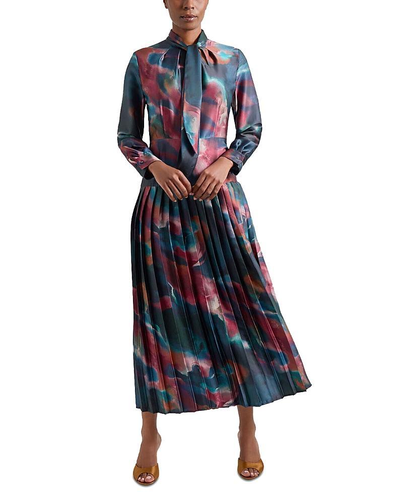 Misook Tie Neck Long Sleeve Pleated Maxi Dress Product Image